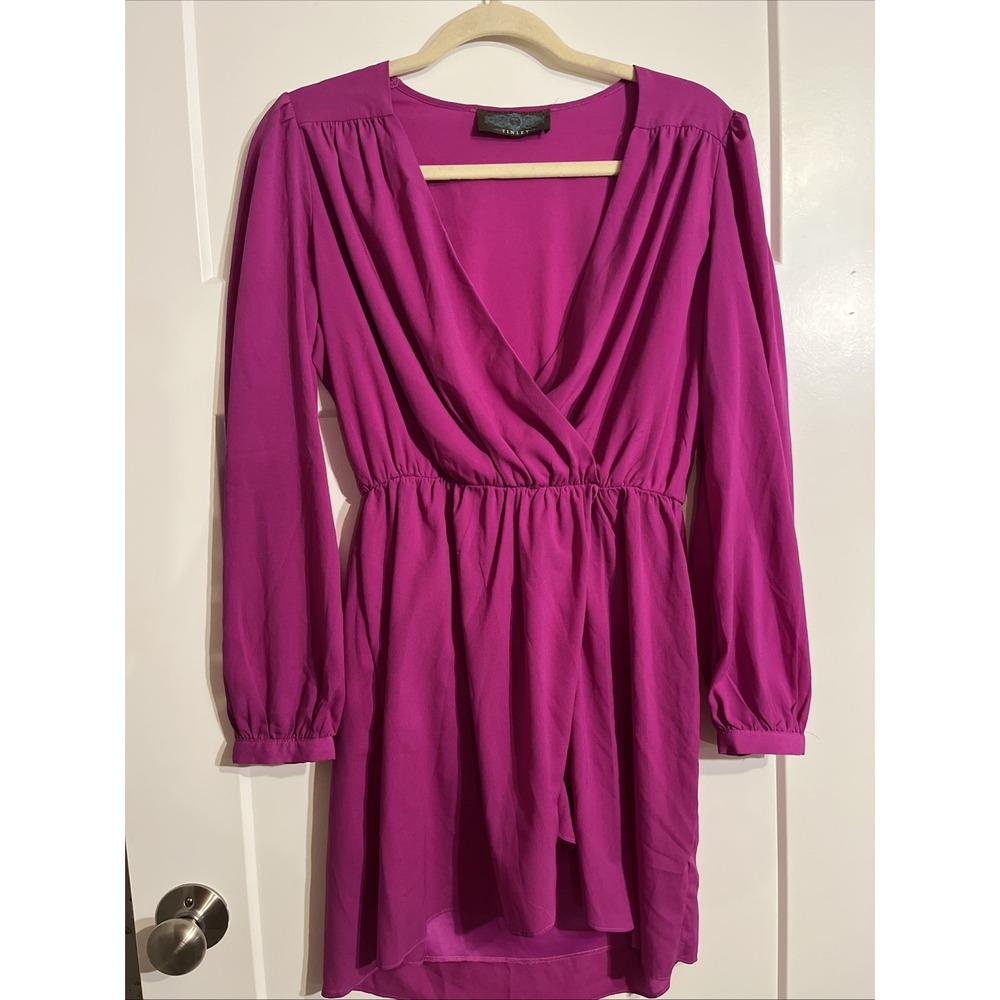 Tinley Womens Bright Pink Long Sleeve Dress Elastic Waist V-Neck Medium Short